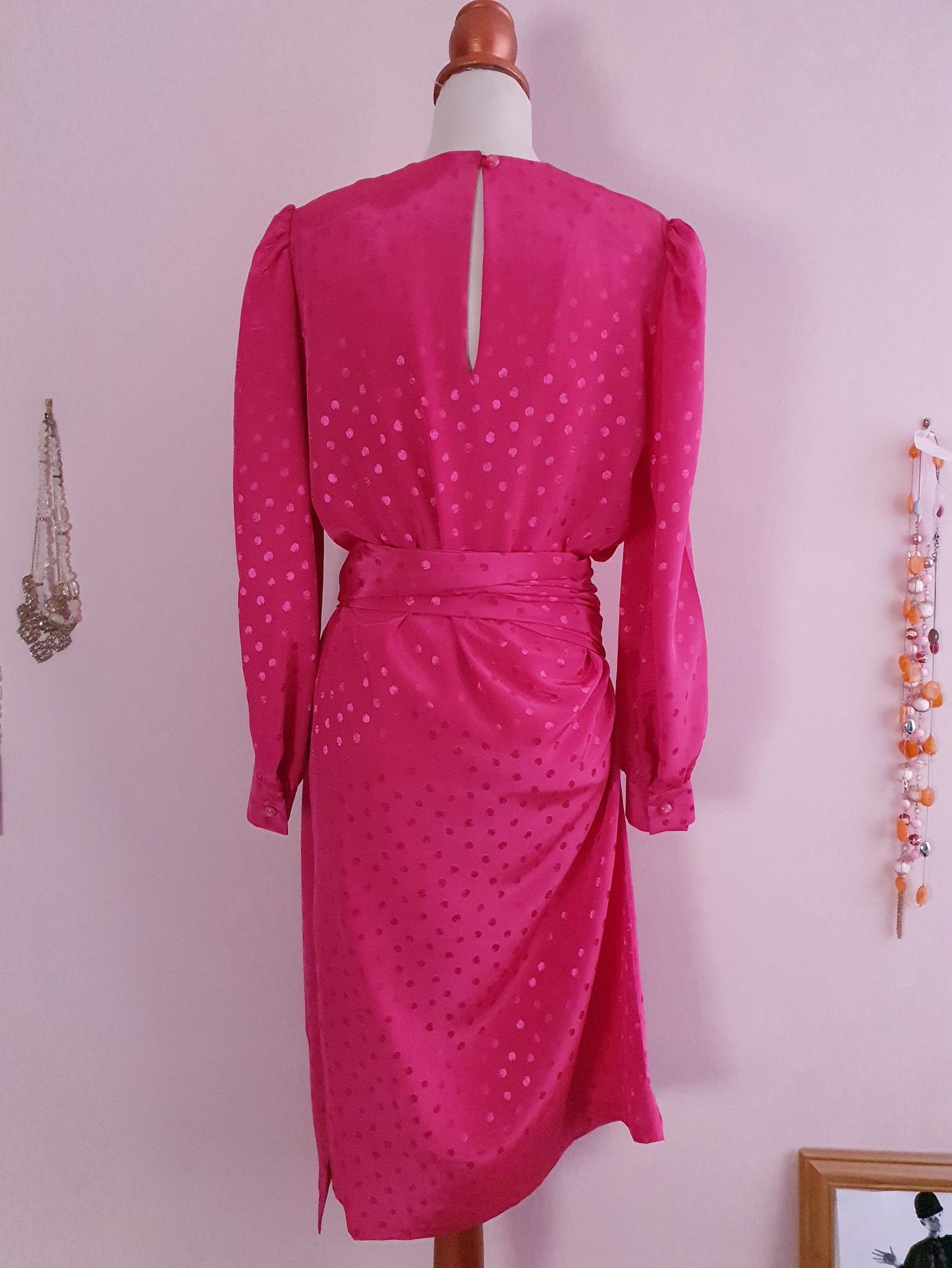 Vintage 1980s Pink Bow Dress Cerise Size 14 Polka Dots
