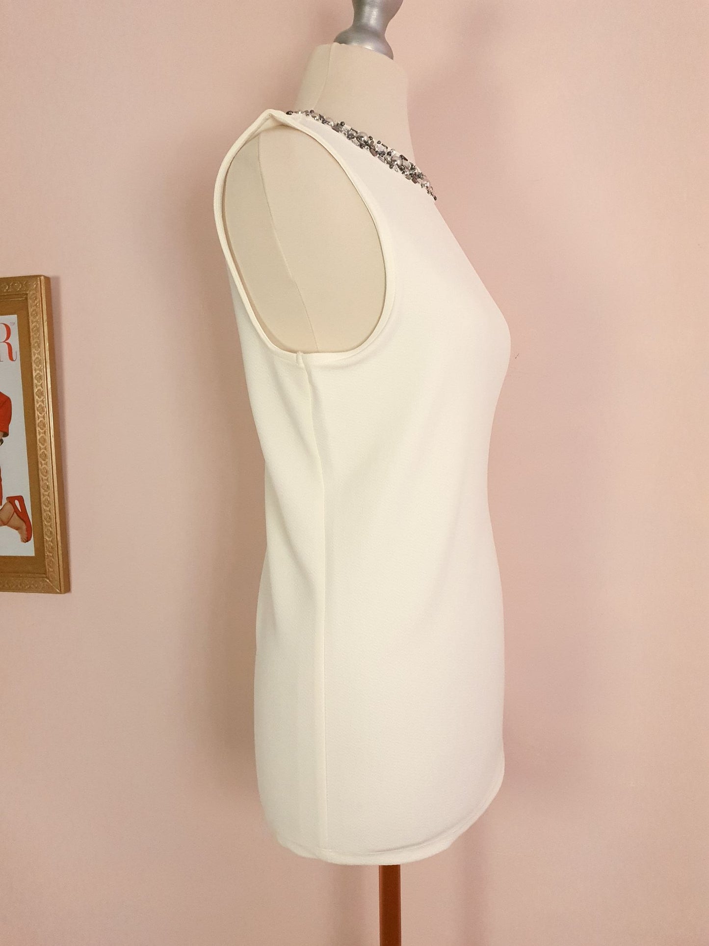 Vintage 1980s Cream Beaded Top Sleeveless Size 12 Rhinestone Party Evening