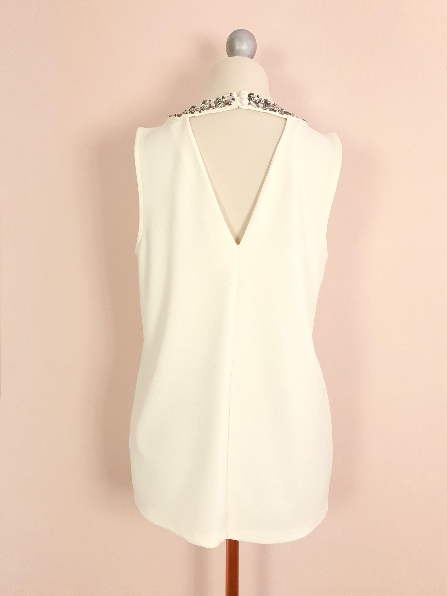 Vintage 1980s Cream Beaded Top Sleeveless Size 12 Rhinestone Party Evening