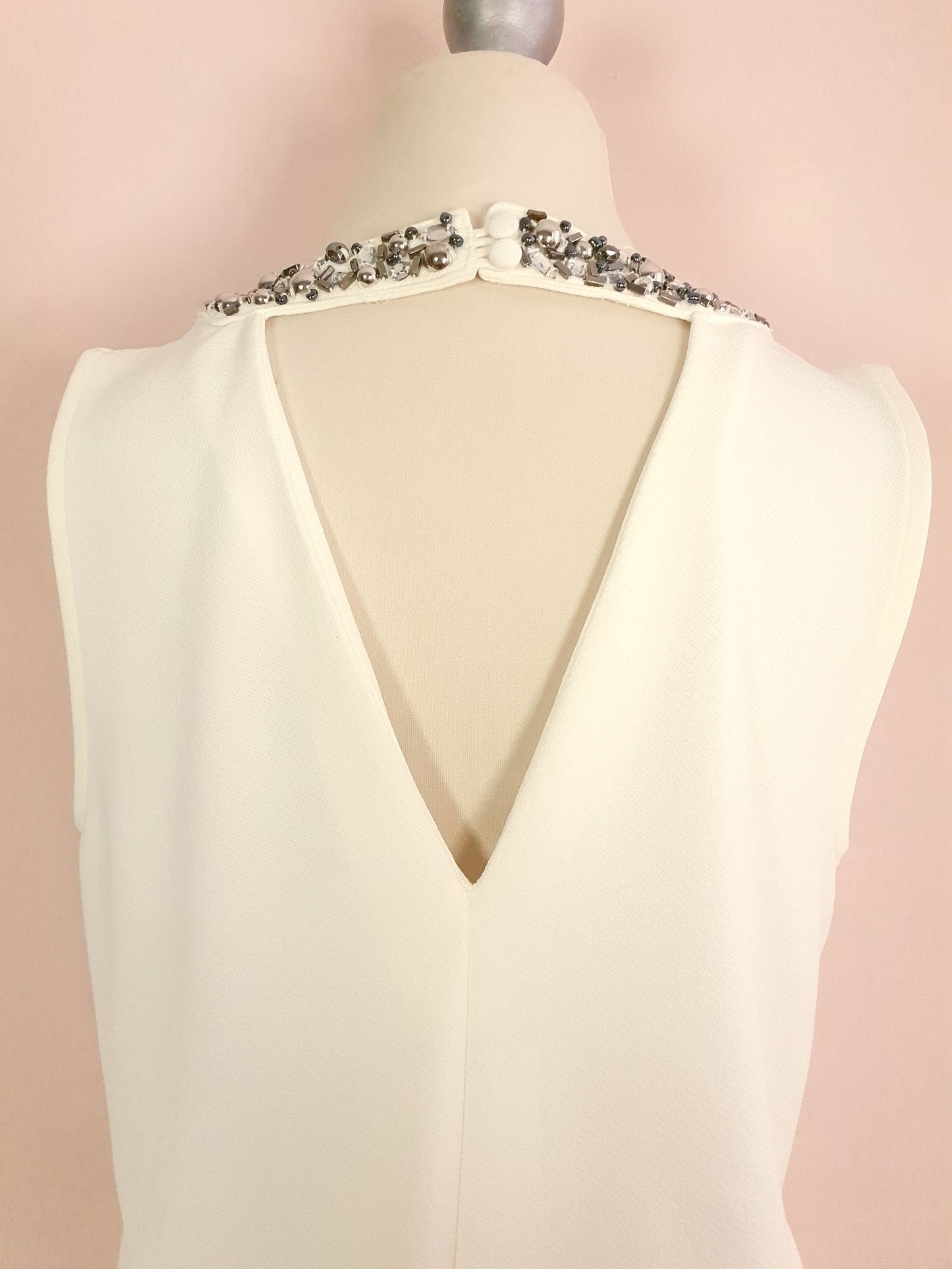 Vintage 1980s Cream Beaded Top Sleeveless Size 12 Rhinestone Party Evening