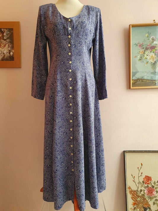 Vintage 1980s Purple Dress - Size 12 - Rose Floral Cottagecore Long