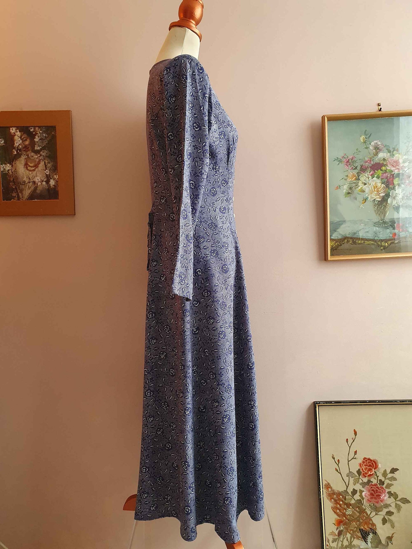 Vintage 1980s Purple Dress - Size 12 - Rose Floral Cottagecore Long
