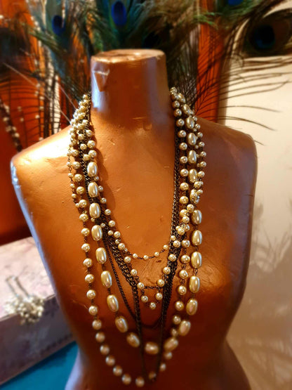 Vintage 1980s Multi Strand Faux Pearl Statement Necklace