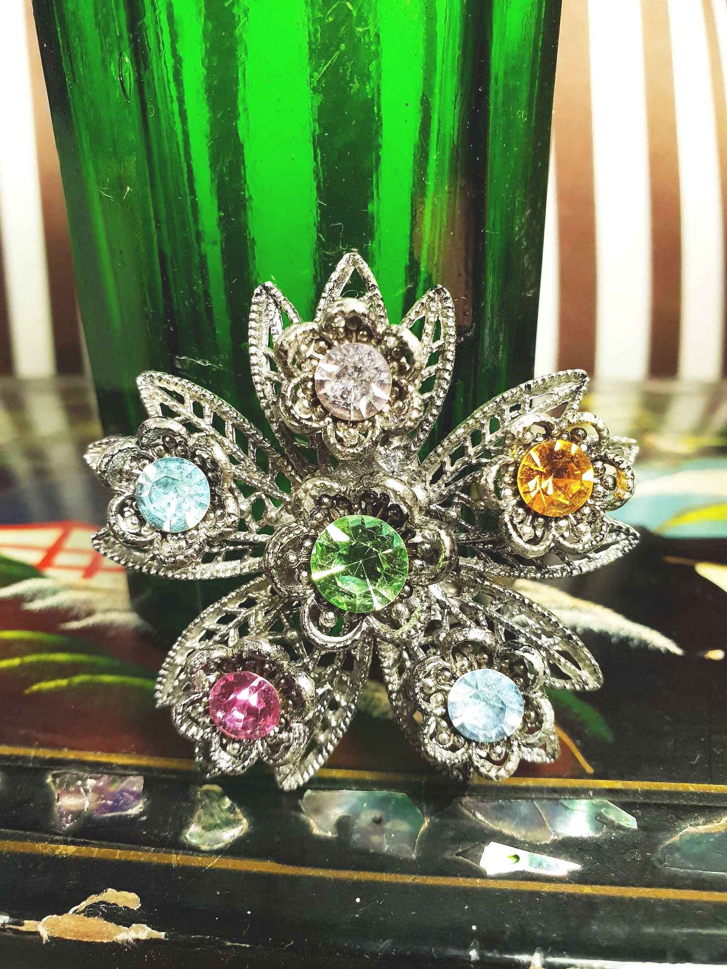 1980s Vintage Rhinestone Flower Brooch Filigree Victorian Revival