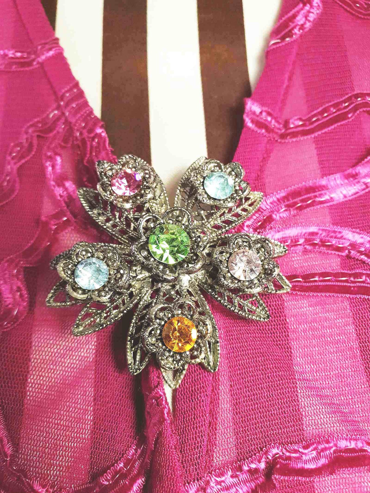1980s Vintage Rhinestone Flower Brooch Filigree Victorian Revival