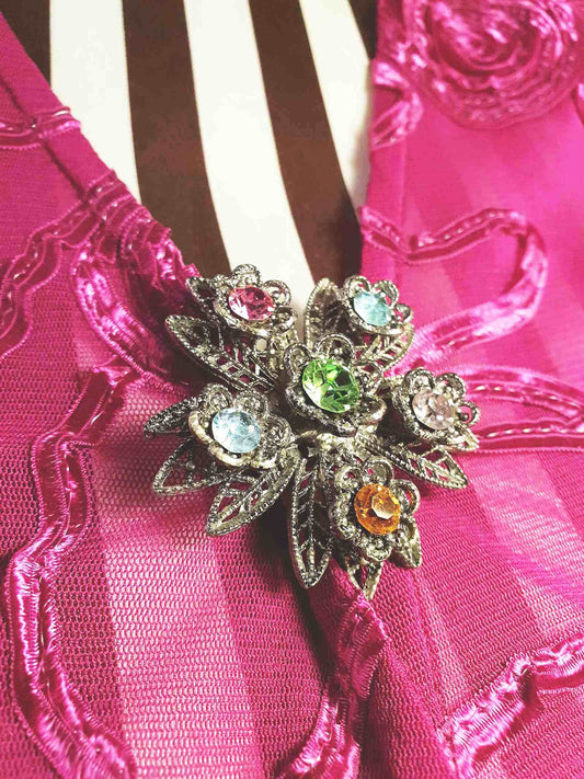 1980s Vintage Rhinestone Flower Brooch Filigree Victorian Revival