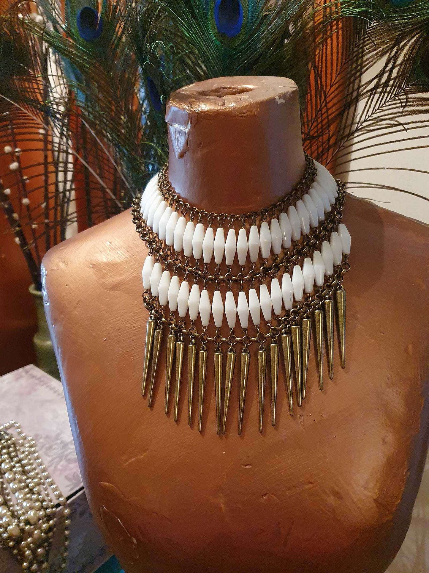 Vintage 90s Egyptian Style Necklace Choker Boho Brass White Bead Ethnic