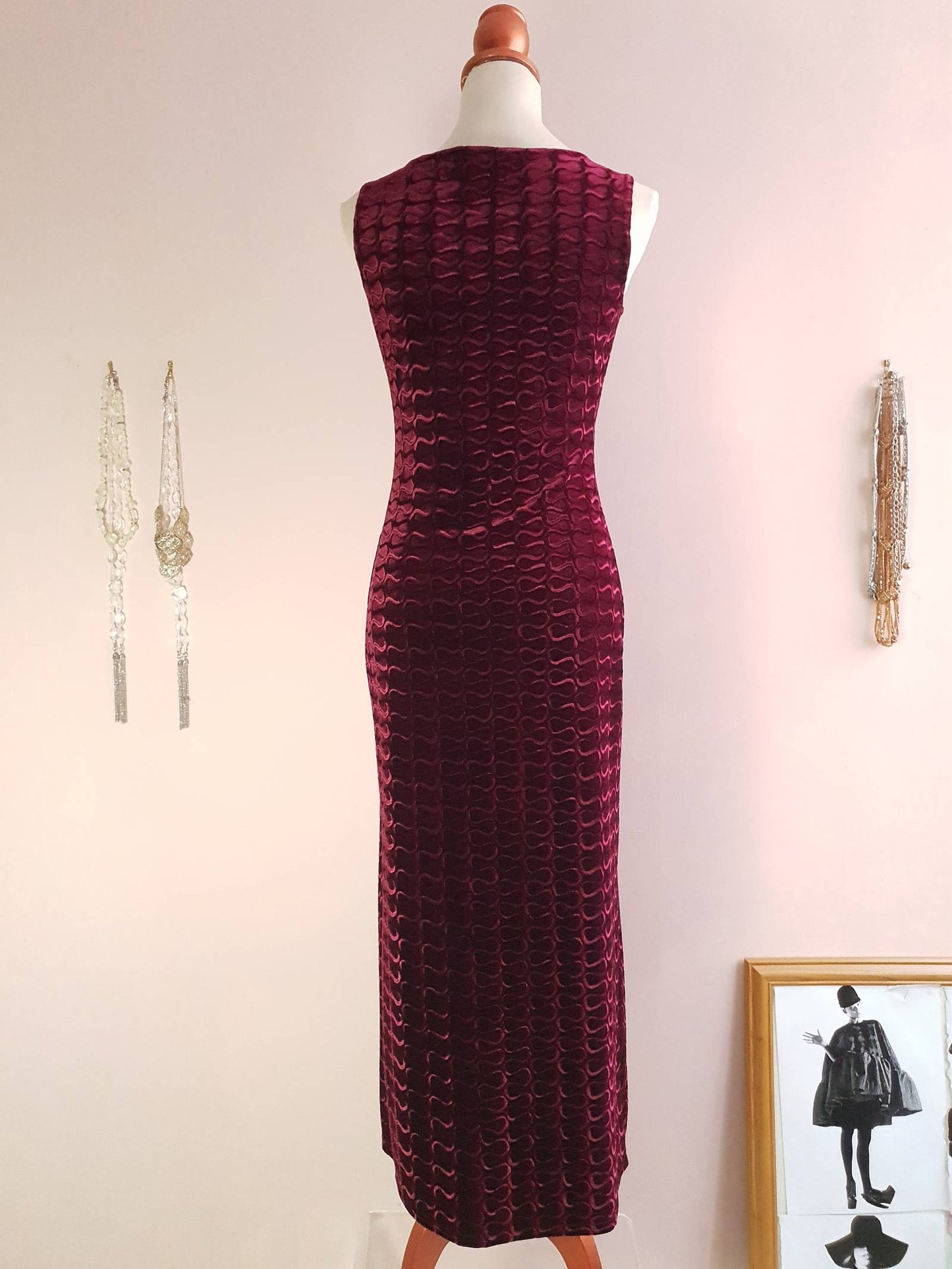 Vintage 1980s Velvet Evening Dress Burgundy Red Long Maxi - Size 10