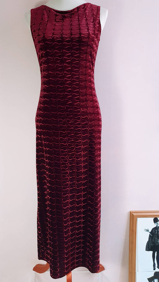 Vintage 1980s Velvet Evening Dress Burgundy Red Long Maxi - Size 10