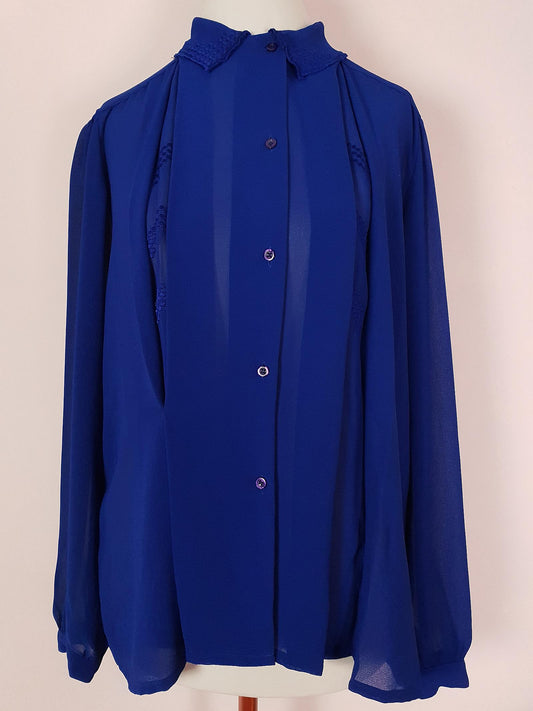 Vintage 1980s Chiffon Blouse Royal Blue Shirt Top Size 16 Pleated