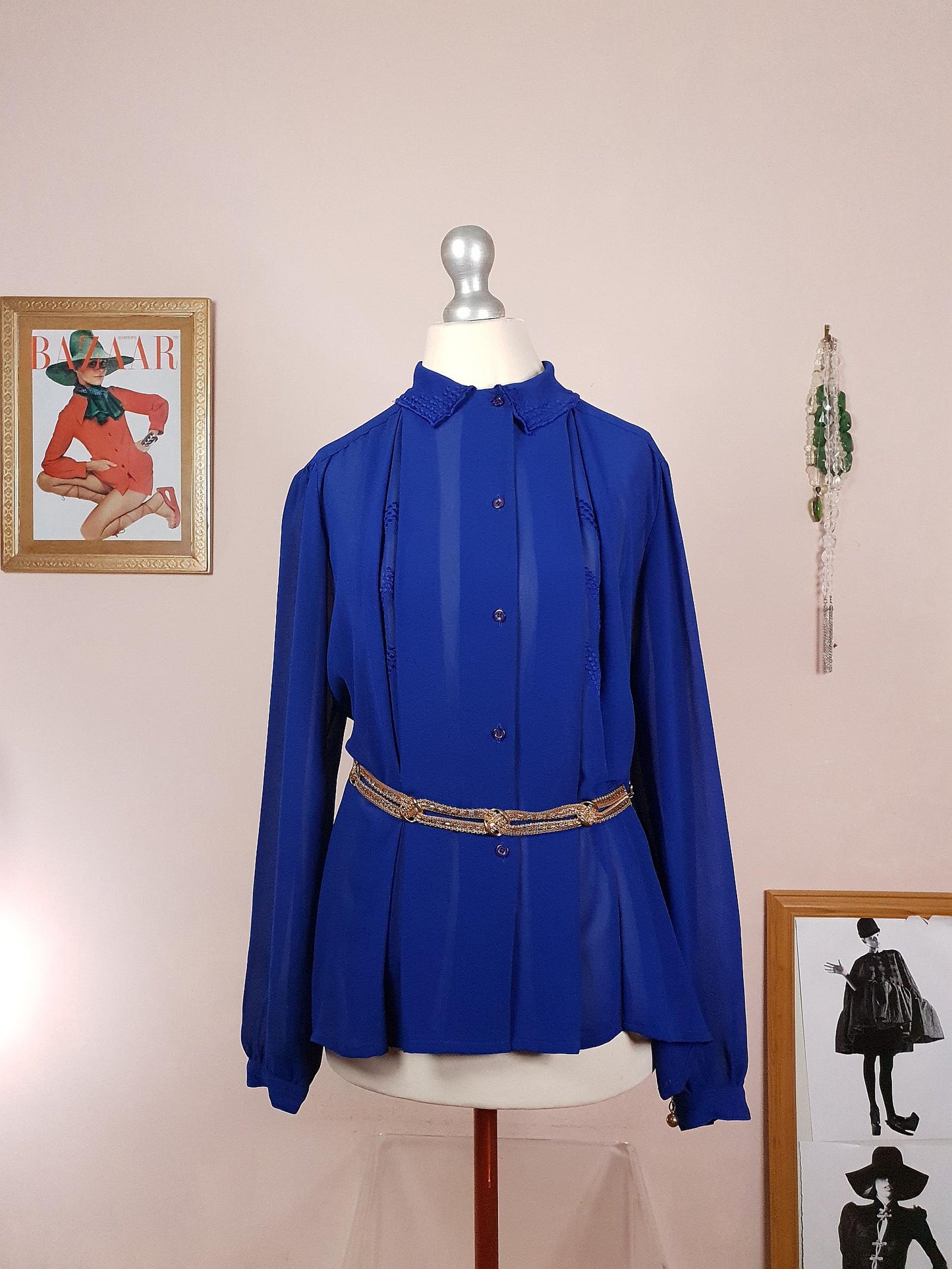 Vintage 1980s Chiffon Blouse Royal Blue Shirt Top Size 16 Pleated