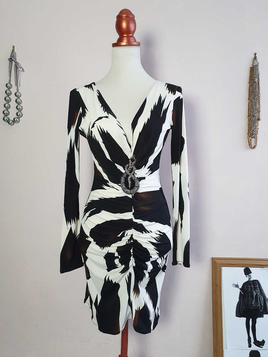 Vintage 1980s Abstract Print & Diamante Snake Brooch Dress - Size 10