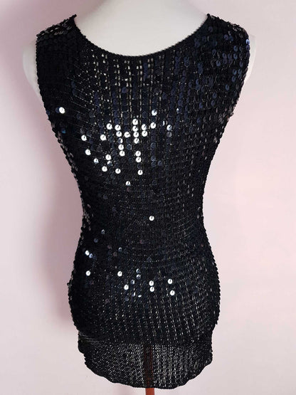 Vintage 90s Black Sequin Crochet Top Size 12 Party