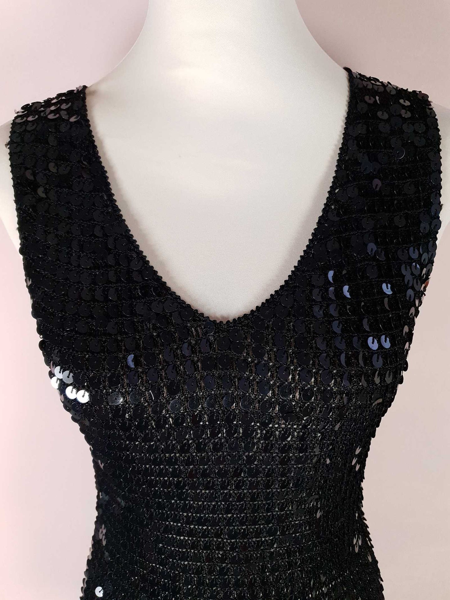 Vintage 90s Black Sequin Crochet Top Size 12 Party