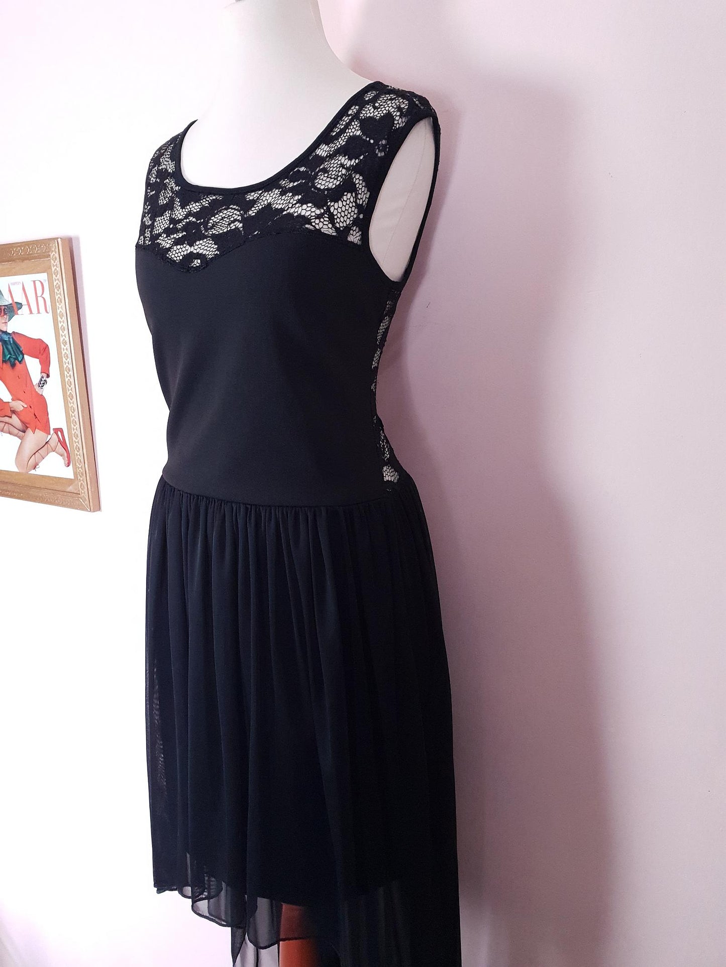Vintage 90s Black Evening Dress Size 12 LBD Fit & Flare Lace Chiffon Party