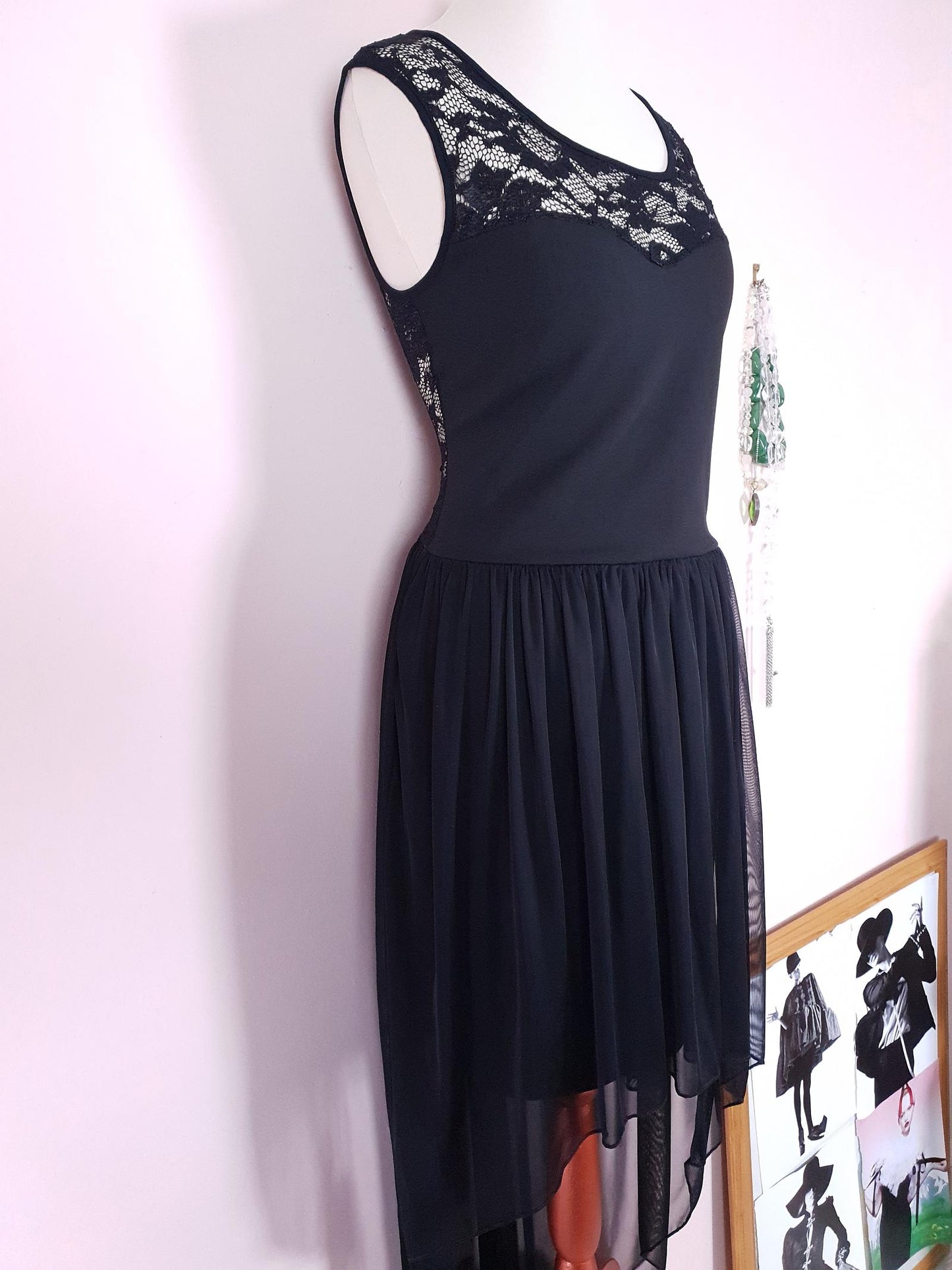 90s Vintage Black Evening Dress Size 12 LBD Fit & Flare Lace Chiffon Party