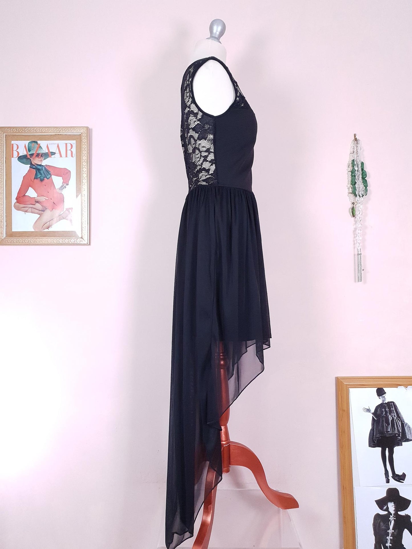 Vintage 90s Black Evening Dress Size 12 LBD Fit & Flare Lace Chiffon Party