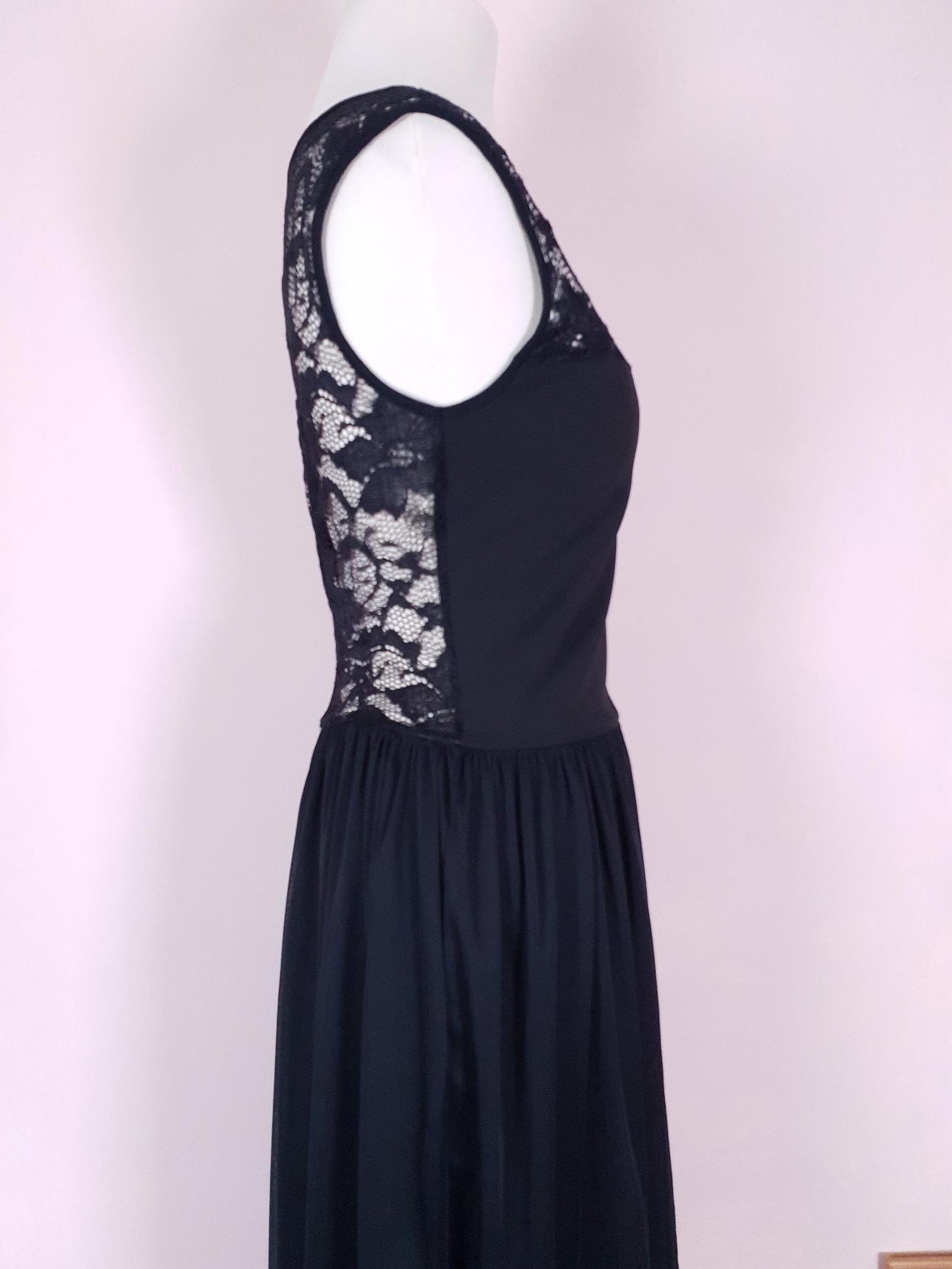90s Vintage Black Evening Dress Size 12 LBD Fit & Flare Lace Chiffon Party
