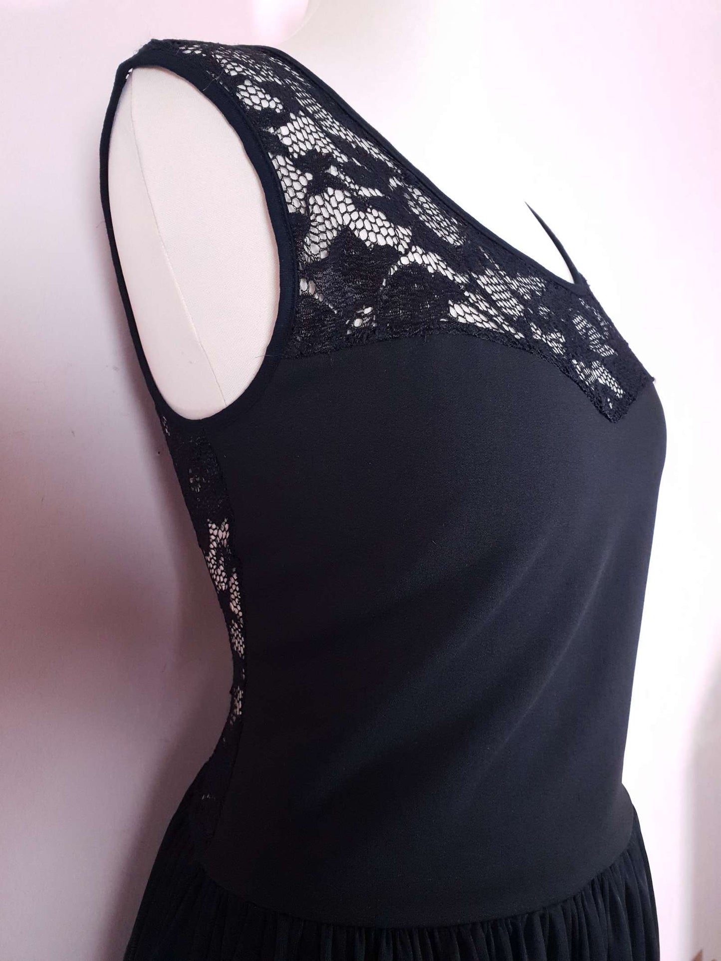 Vintage 90s Black Evening Dress Size 12 LBD Fit & Flare Lace Chiffon Party