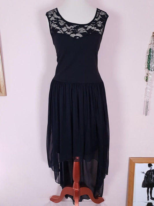 90s Vintage Black Evening Dress Size 12 LBD Fit & Flare Lace Chiffon Party