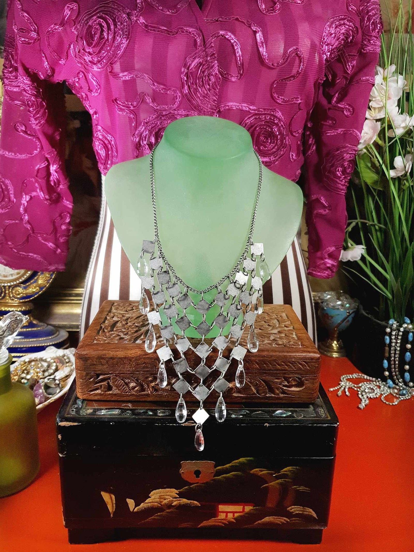 Vintage 90s Boho Metal Statement Necklace Rhinestone Bohemian