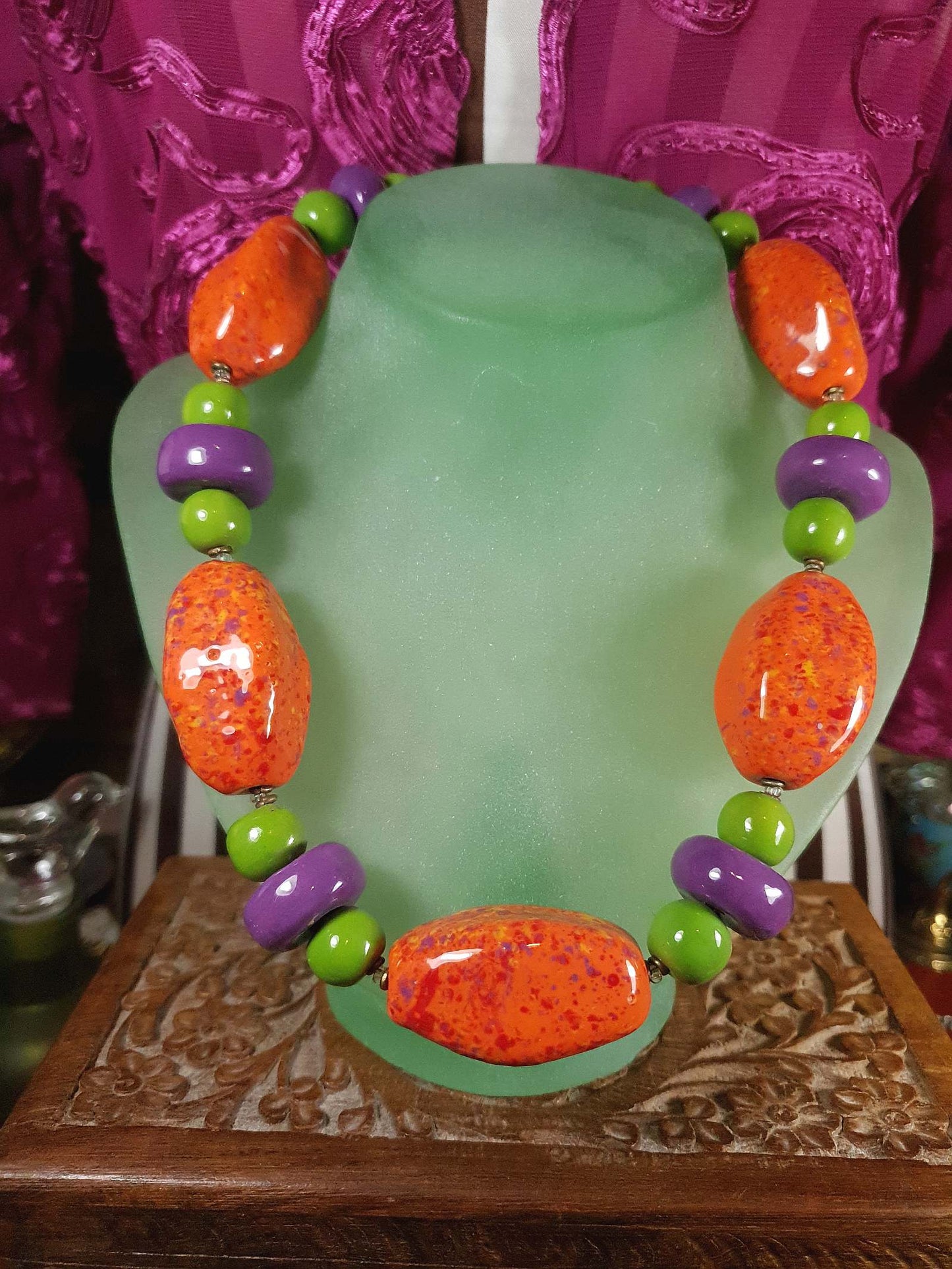 Vintage 90s Chunky Statement Necklace Choker Artisan Ceramic Boho Multi