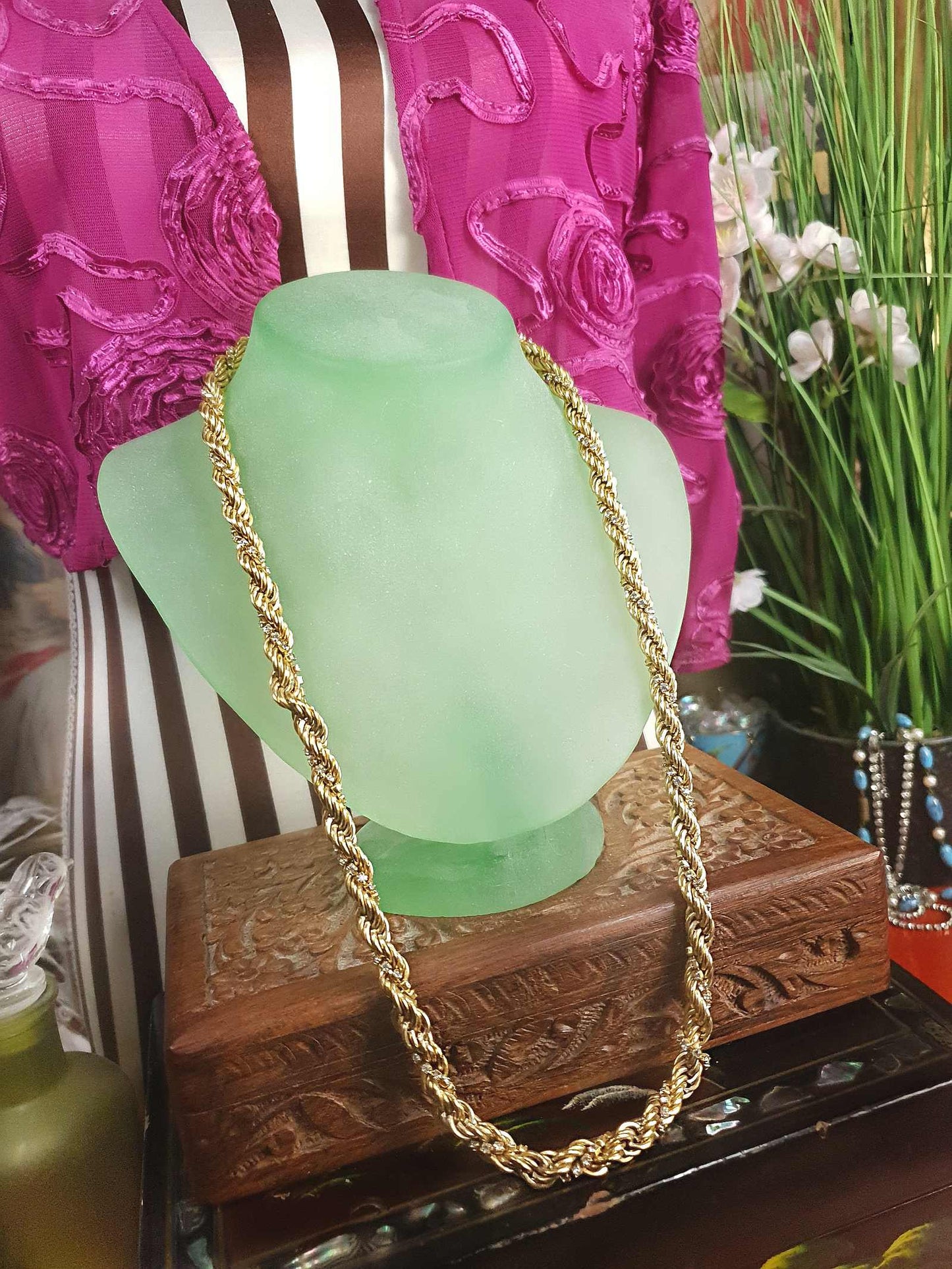 90s Vintage Twisted Rope Chain Rhinestone Necklace 24" Gold-Tone