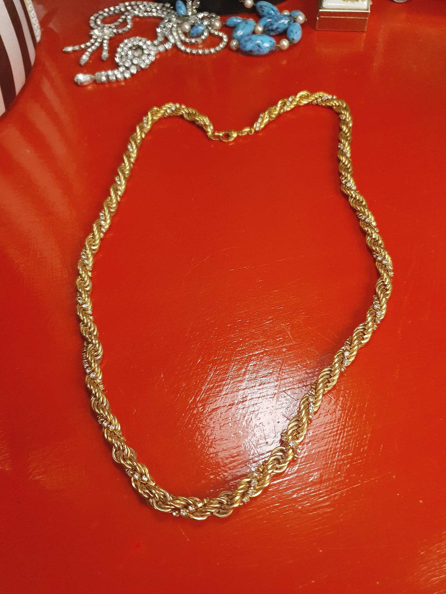 90s Vintage Twisted Rope Chain Rhinestone Necklace 24" Gold-Tone