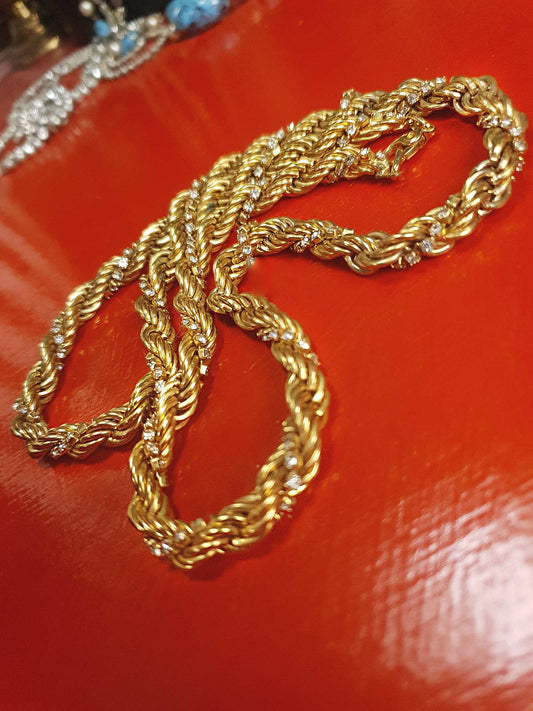 90s Vintage Twisted Rope Chain Rhinestone Necklace 24" Gold-Tone