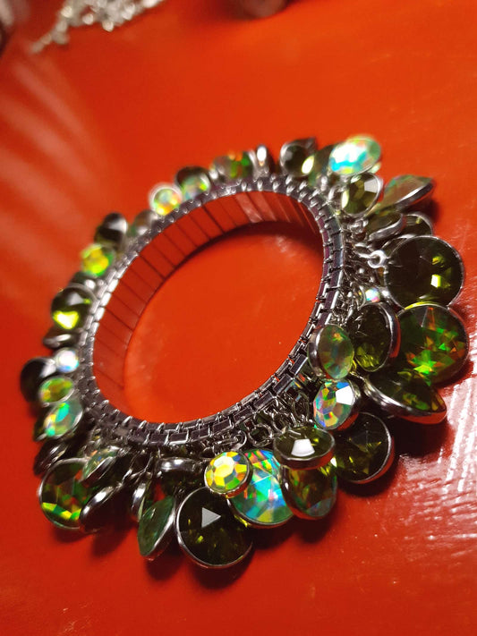 Vintage 90s Aurora Borealis Cha Cha Bracelet Charm Green Rhinestone AB