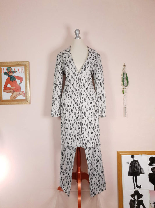 Vintage 1980s Jacket Trouser Suit Set Grey Floral Size 12 Ladies