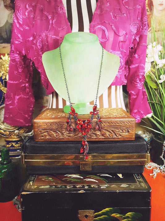 Vintage Orange Rhinestone Necklace Victorian Revival 20" 90s Gunmetal