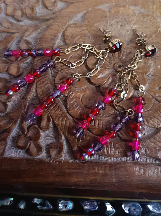 Vintage 90s Boho Dangle Drop Earrings Pink Purple Aurora Borealis AB Jean Andre Firenze