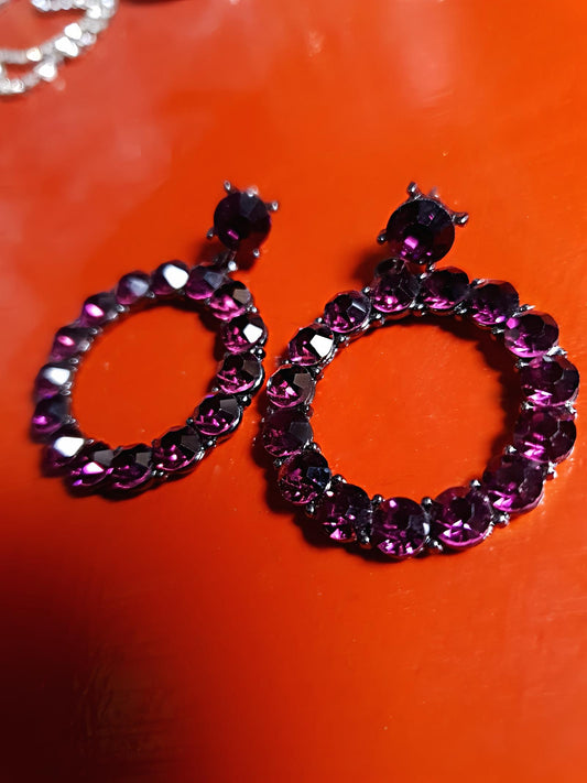 Vintage 90s Purple Rhinestone Earrings Dangle Drop Circle