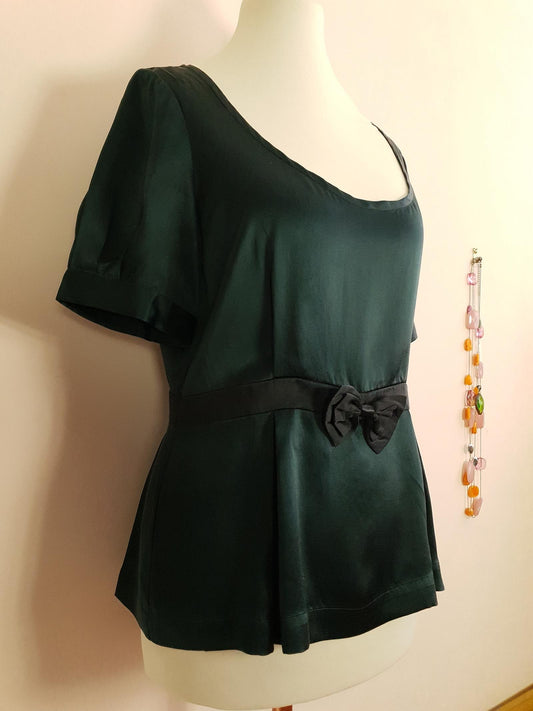 90s Vintage Dark Green Silk Blouse Top Bow Ladies Short Sleeves