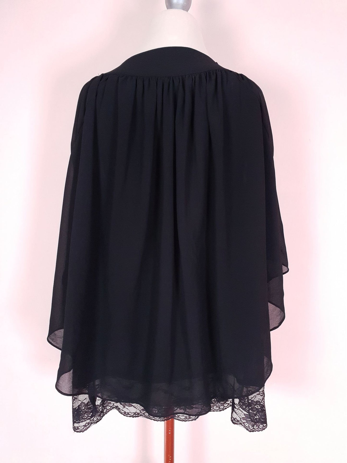 Vintage 90s Black Batwing Top Chiffon Lace Blouse Size 14 / 16