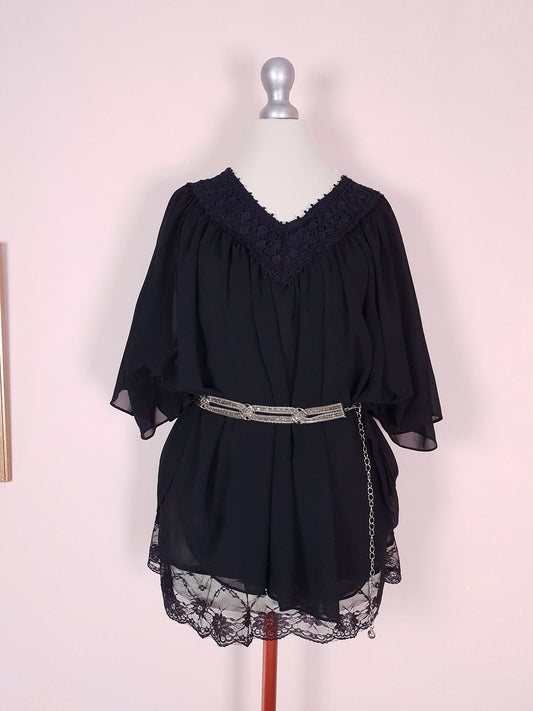 Vintage 90s Black Batwing Top Chiffon Lace Blouse Size 14 / 16