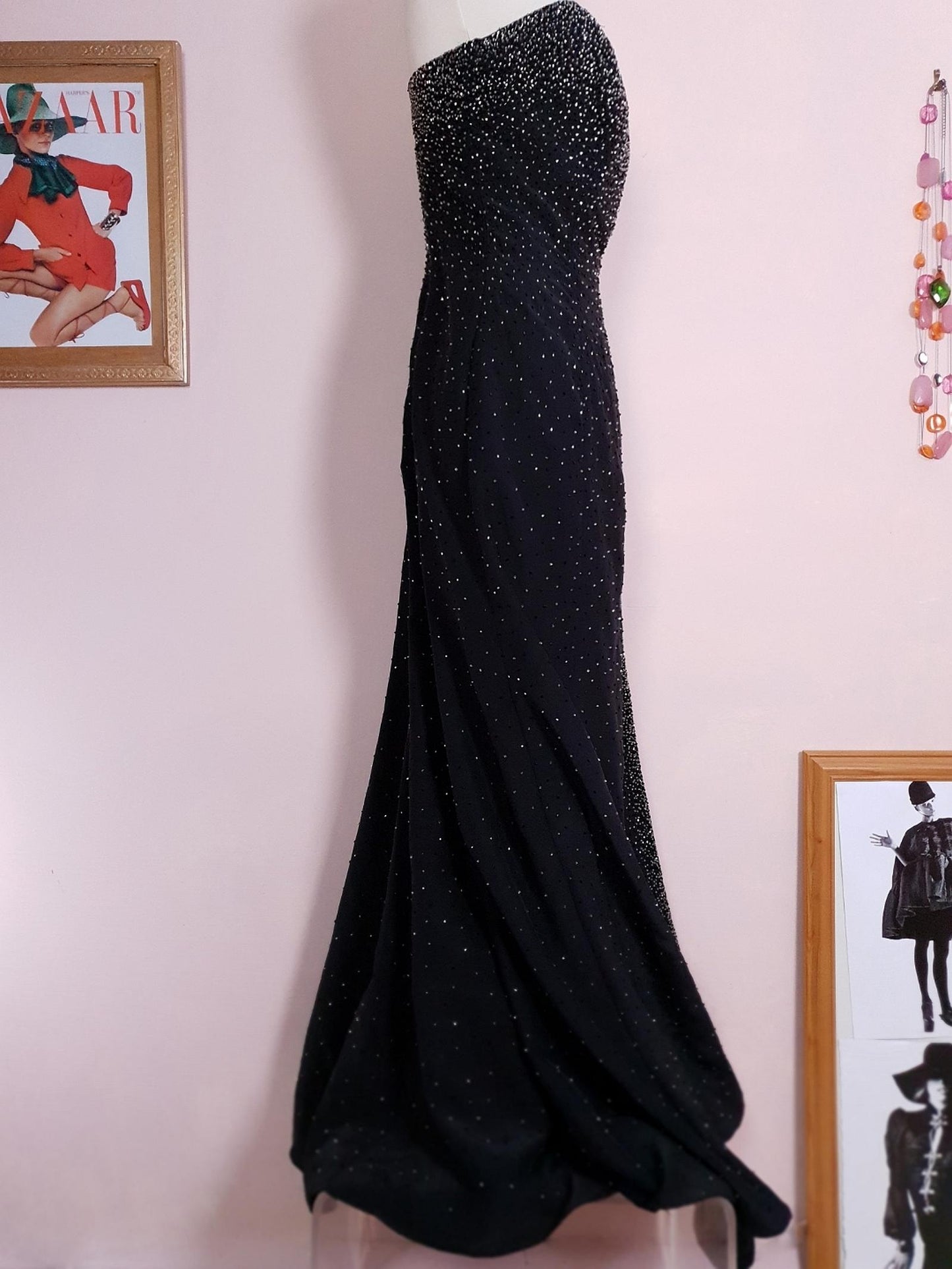 Vintage 90s Black Cocktail Dress Strapless Long Evening Gown Beaded Party Size 12