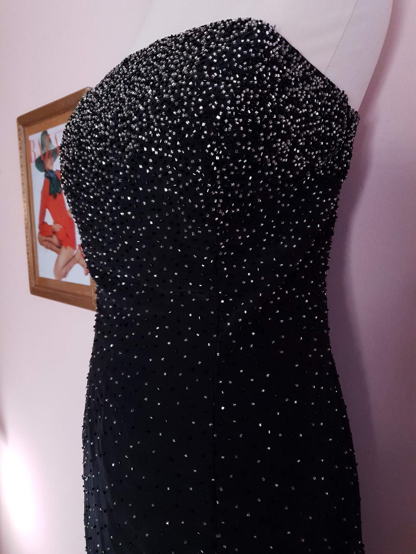 Vintage 90s Black Cocktail Dress Strapless Long Evening Gown Beaded Party Size 12