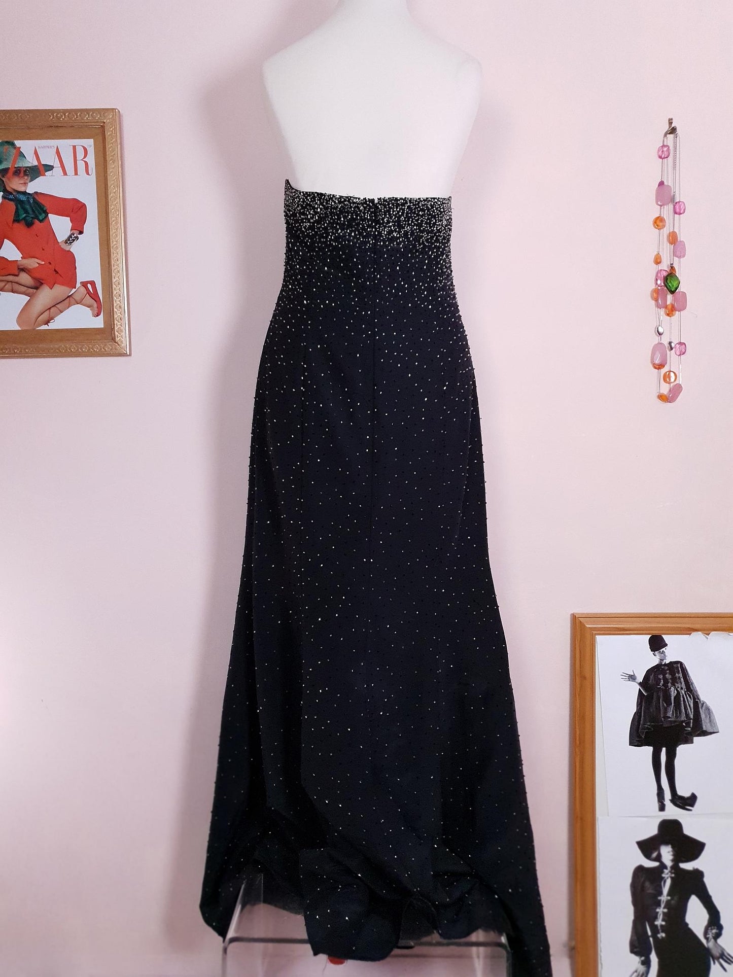 Vintage 90s Black Cocktail Dress Strapless Long Evening Gown Beaded Party Size 12