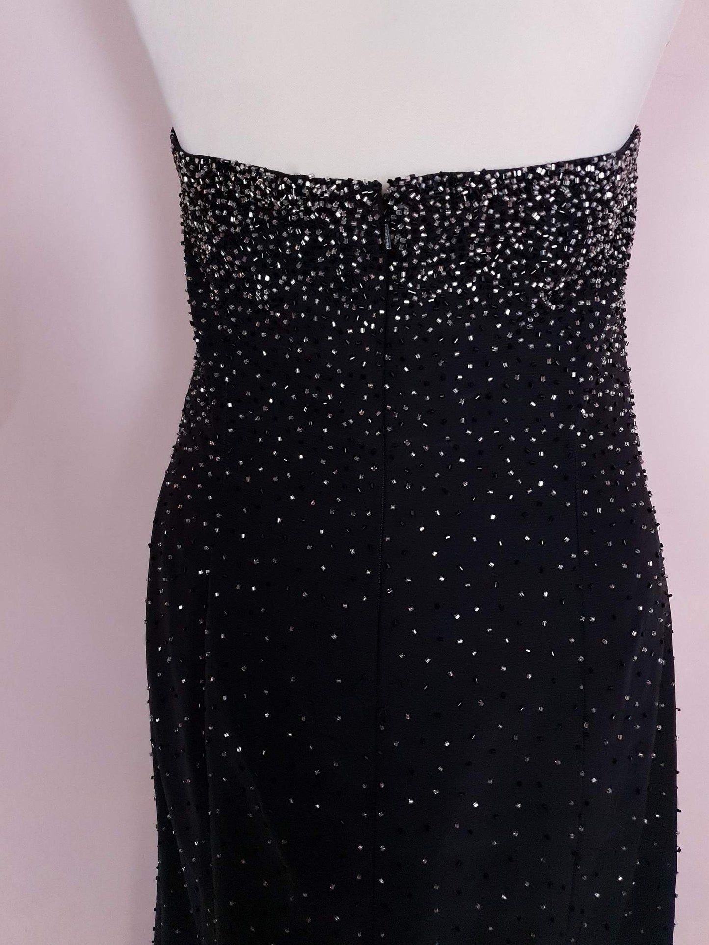 Vintage 90s Black Cocktail Dress Strapless Long Evening Gown Beaded Party Size 12