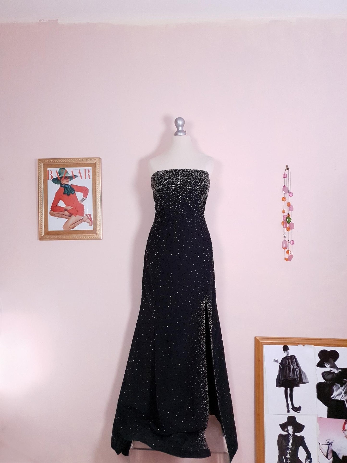 Vintage 90s Black Cocktail Dress Strapless Long Evening Gown Beaded Party Size 12