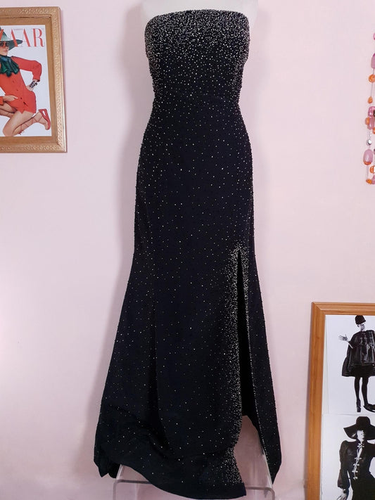 Vintage 90s Black Cocktail Dress Strapless Long Evening Gown Beaded Party Size 12