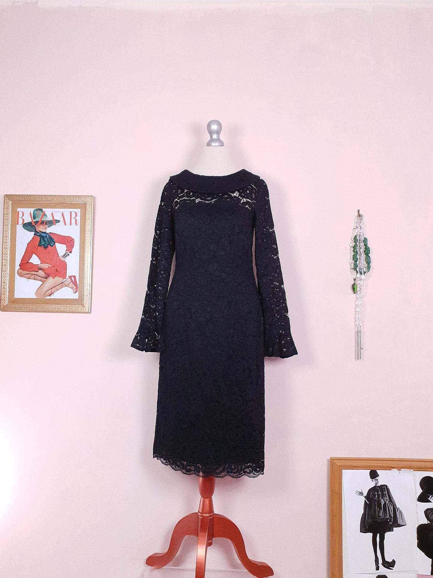 Vintage 90s Black Lace Dress Midi - Size 8