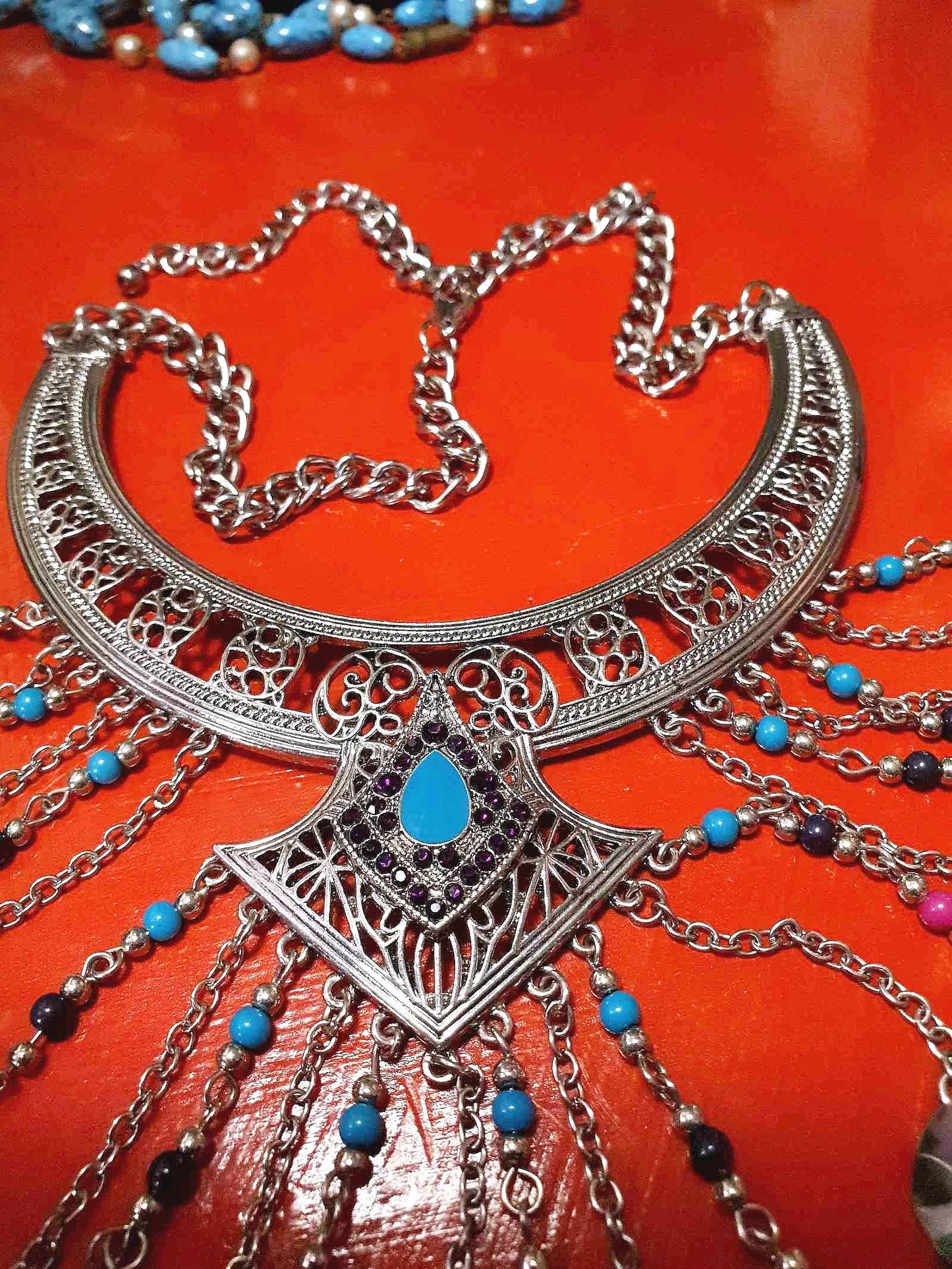 90s Vintage Boho Filagree Statement Necklace 21" Choker Bohemian