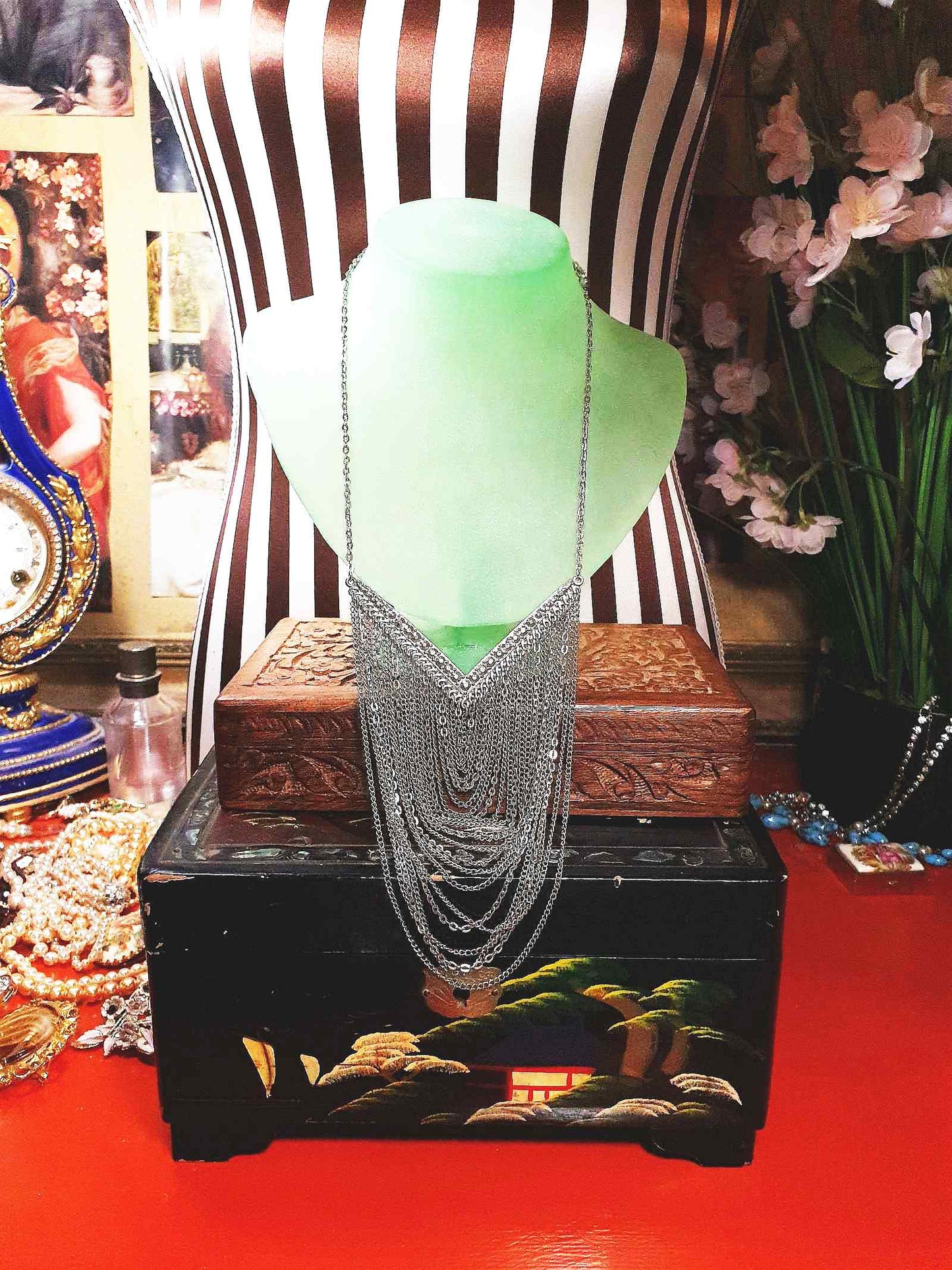 Vintage Boho Chain Statement Bib Necklace Bohemian Drape 90s Silver Tone