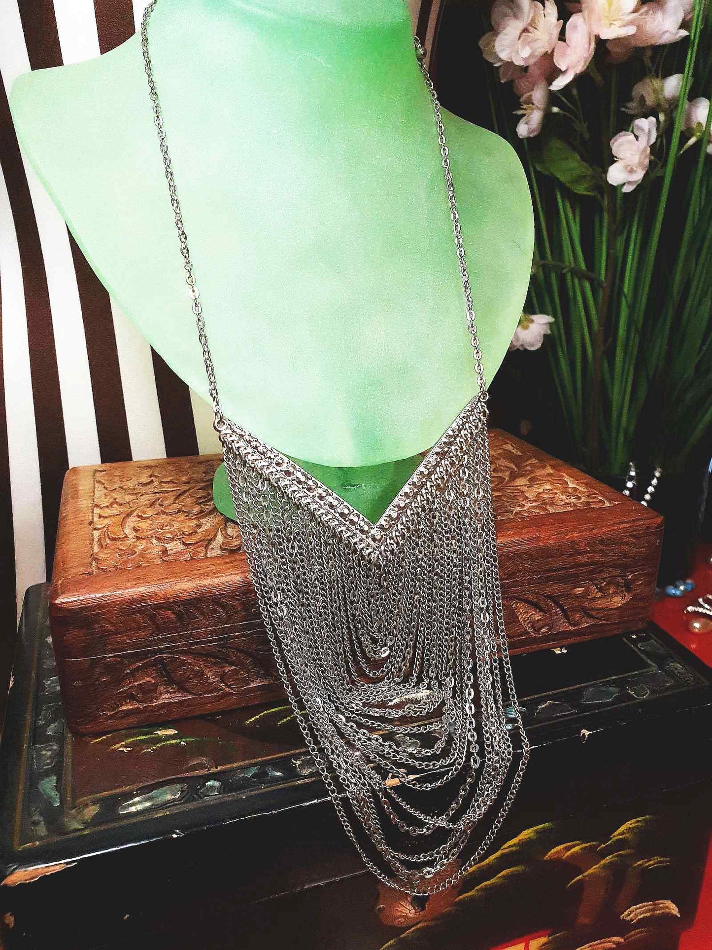 Vintage Boho Chain Statement Bib Necklace Bohemian Drape 90s Silver Tone