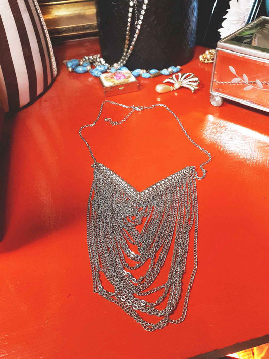 Vintage Boho Chain Statement Bib Necklace Bohemian Drape 90s Silver Tone