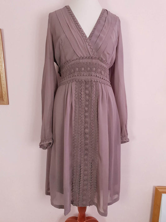 Vintage Brown Chiffon Lace Dress 90s Midi Floaty Size 12