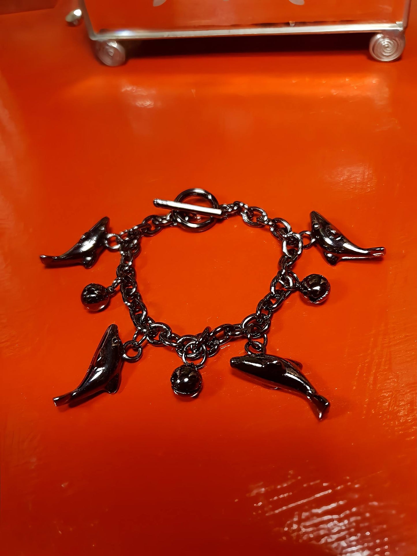 Vintage Sterling Silver Dolphin Charm Bracelet Bells Gun Metal Grey 925
